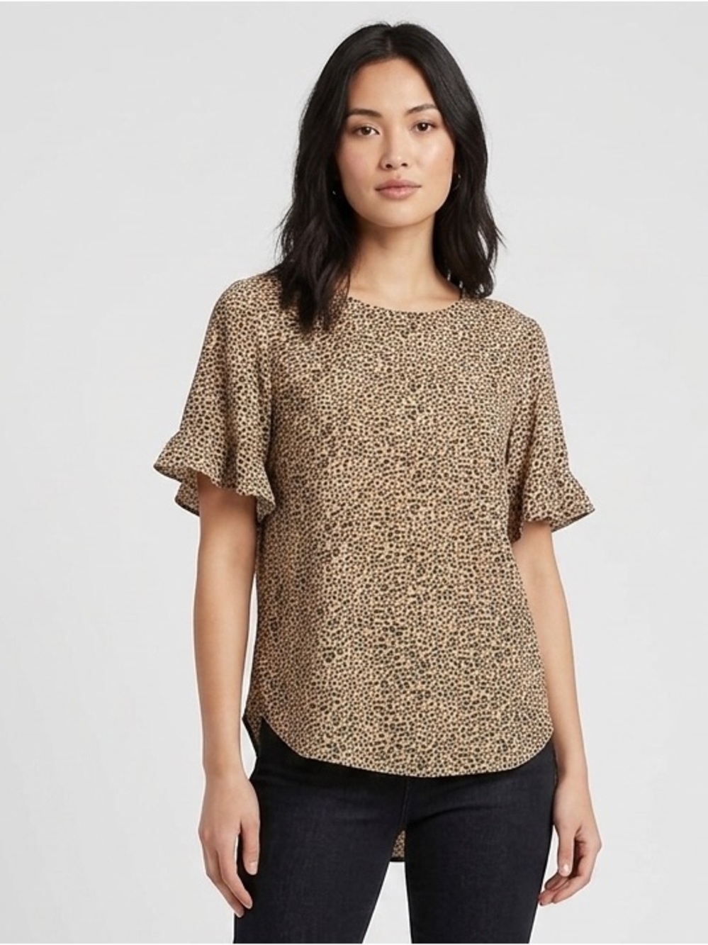 Abercrombie & Fitch Tan Leopard Print Ruffle Sleeve Shirt Blouse Top Size Small